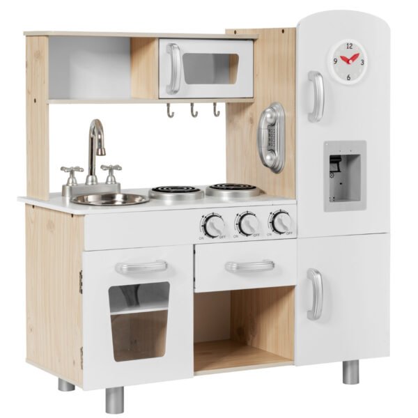 Conjunto de madeira para brincar de cozinhar com comidinhas e dispensador de água para crianças.
