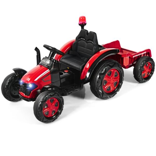 Trator infantil de brinquedo 12V com reboque removível, 151 x 68 x 70 cm, vermelho.