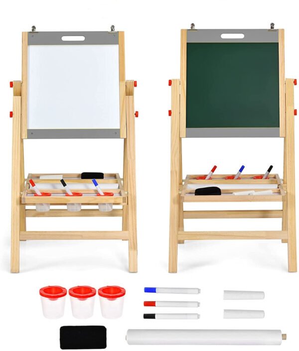 Cavalete de arte infantil com rolo de papel, quadro-negro e quadro branco de dupla face - Cinza