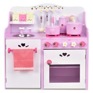 Brinquedo de cozinha infantil de madeira com morango para brincar de cozinhar.