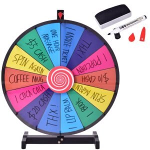 Roda de prêmios de mesa de 24 polegadas com 14 compartimentos, marcadores para quadro branco e apagador.