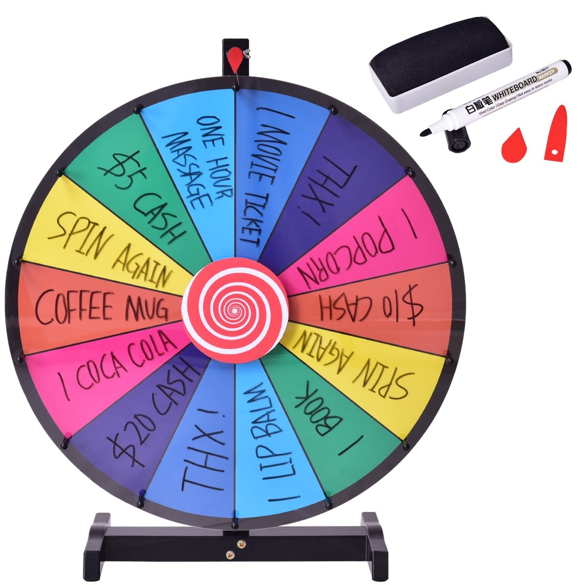 Roda de prêmios de mesa de 24 polegadas com 14 compartimentos, marcadores para quadro branco e apagador.