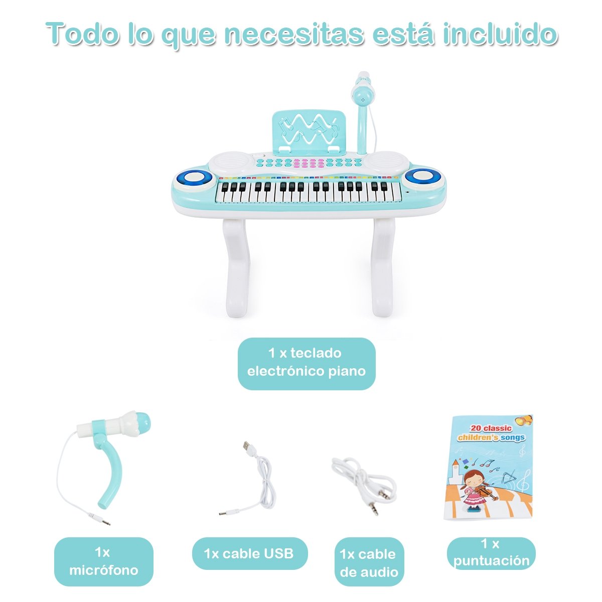 Piano digital infantil de 37 teclas com microfone, 48 x 20 x 38 cm, azul - Image 4