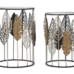 MESAS DE FERRO E MADEIRA COM FOLHAS, PAR CM 38X55-33X50