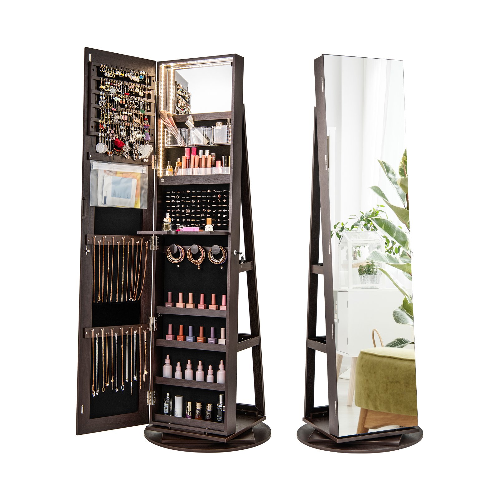 Armário de joias de chão com fechadura, espelho de corpo inteiro e luzes LED - marrom