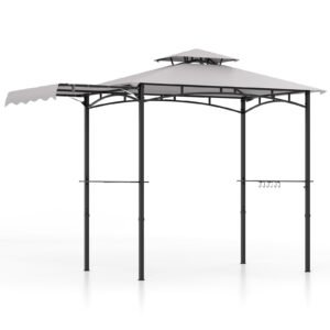 Gazebo para churrasco de 318 x 153 cm com cobertura lateral, estrutura de metal, cobertura de 2 níveis e 2 prateleiras, cinza escuro