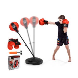 Conjunto de brinquedos para saco de pancadas com suporte ajustável para crianças, com luva de boxe e base - rosa