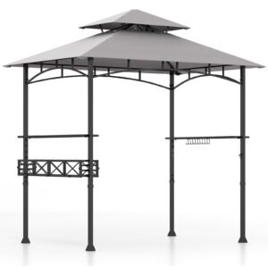 Gazebo para Churrasco 242x153cm com 2 Prateleiras Laterais Estrutura Metálica para Churrasco com Cesto de Armazenamento Cinza Escuro