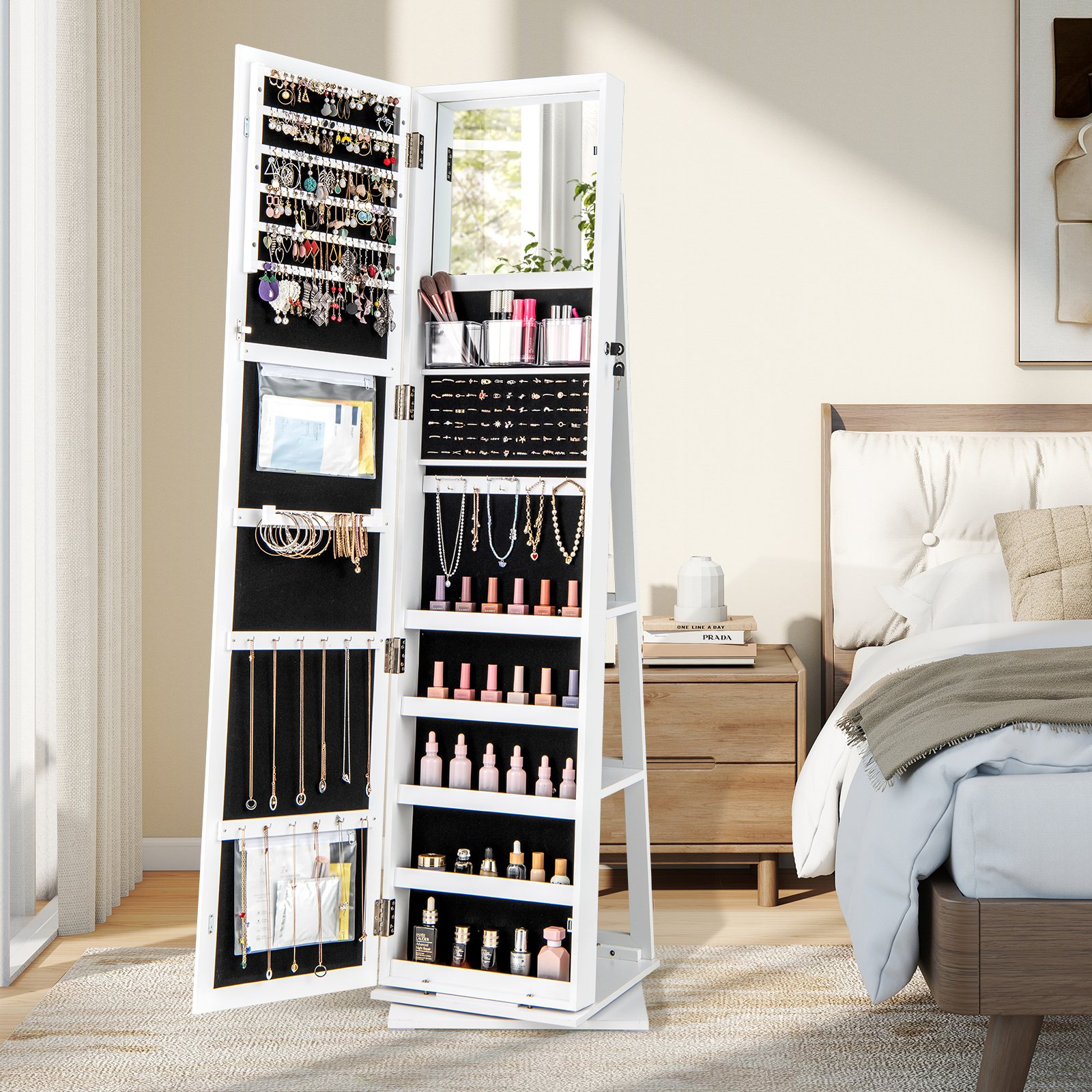 Armário de joias giratório 360°, organizador autônomo com espelho e prateleiras traseiras, 3 caixas e 2 bolsos com zíper, marrom rústico - Image 2