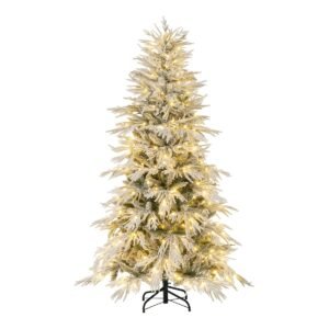 Árvore de Natal artificial pré-iluminada de 210 cm, flocada de neve, em formato de meia-forma, com 852 pontas de galhos de PE e PVC, 240 luzes LED brancas