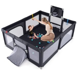 Cercadinho para bebês de 188 x 157 cm com cesta de basquete e gol de futebol, cercadinho dobrável para crianças com porta com zíper, cinza claro