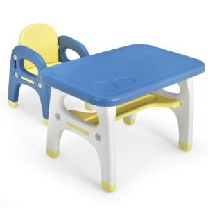 Conjunto de cadeira de mesa cavalete infantil 2 em 1, estante de livros, quadro de pintura de arte ajustável, azul