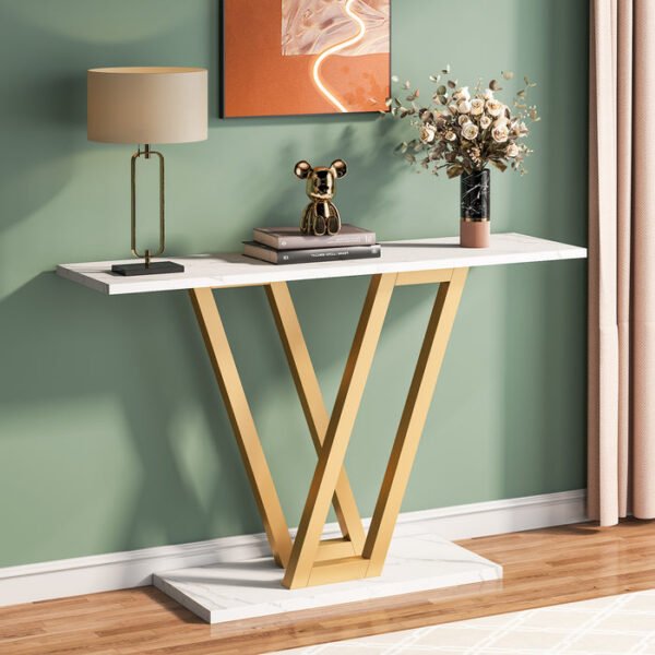 Tribesigns mesa consola estilo industrial de 43 polegadas, imitação mármore branco e dourado