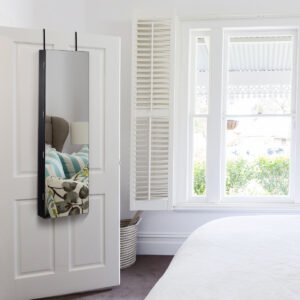 Armário para joias com iluminação LED Prateleira para joias com espelho Armário com espelho com fechadura Cinza