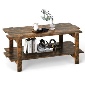 Mesa de centro de madeira com ripas de 2 níveis e prateleira de armazenamento, mesa de coquetel com capacidade para 120 kg, preta