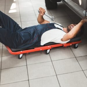 Tábua de montar oficina 2 em 1 com 6 rodas e assento acolchoado, capacidade de carga de até 160 kg, vermelha