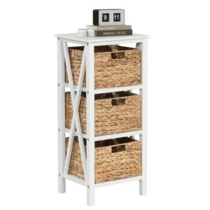 Conjunto de 2 mesas de cabeceira de 4 níveis com 3 cestos de junco marinho e mesa lateral estreita X-Design branca