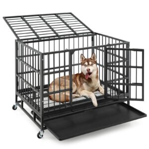 Gaiola de metal dobrável para cães de 96 cm/120 cm, resistente, com rodízios rolantes com trava - M