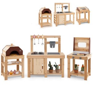 Cozinha de brinquedo infantil com 2 pias removíveis, torneira, fogão e utensílios de cozinha