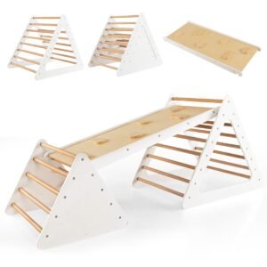 Conjunto de brinquedos de escalada com 2 escadas triangulares e rampa para crianças pequenas