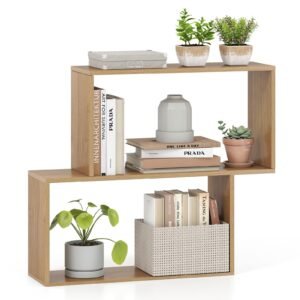 Estante geométrica de 3 níveis, estante de madeira independente com 2 compartimentos cúbicos - branca