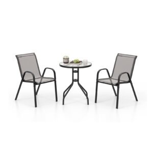 Conjunto de bistrô de jardim de 3 peças, mesa redonda com 2 cadeiras empilháveis, móveis de conversação com tampo de vidro temperado azul