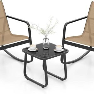 Conjunto de 3 móveis de jardim em metal + textilene, cadeiras de balanço e mesa de vidro temperado para 2 pessoas, varanda de piscina