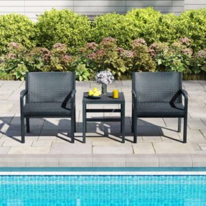 Conjunto de 2 espreguiçadeiras com encosto ajustável, plástico, espreguiçadeira de jardim resistente às intempéries, preta