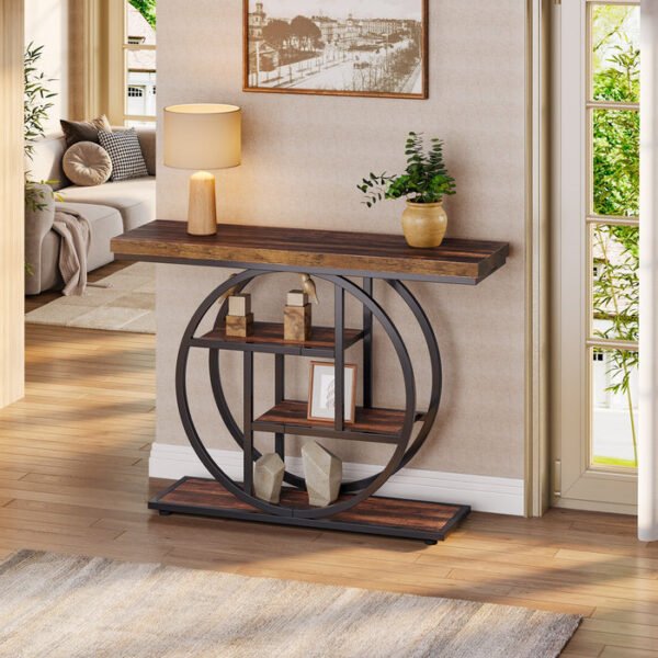 Tribesigns mesa consola 105 cm, estilo industrial, 4 níveis, com base circular, castanho rústico