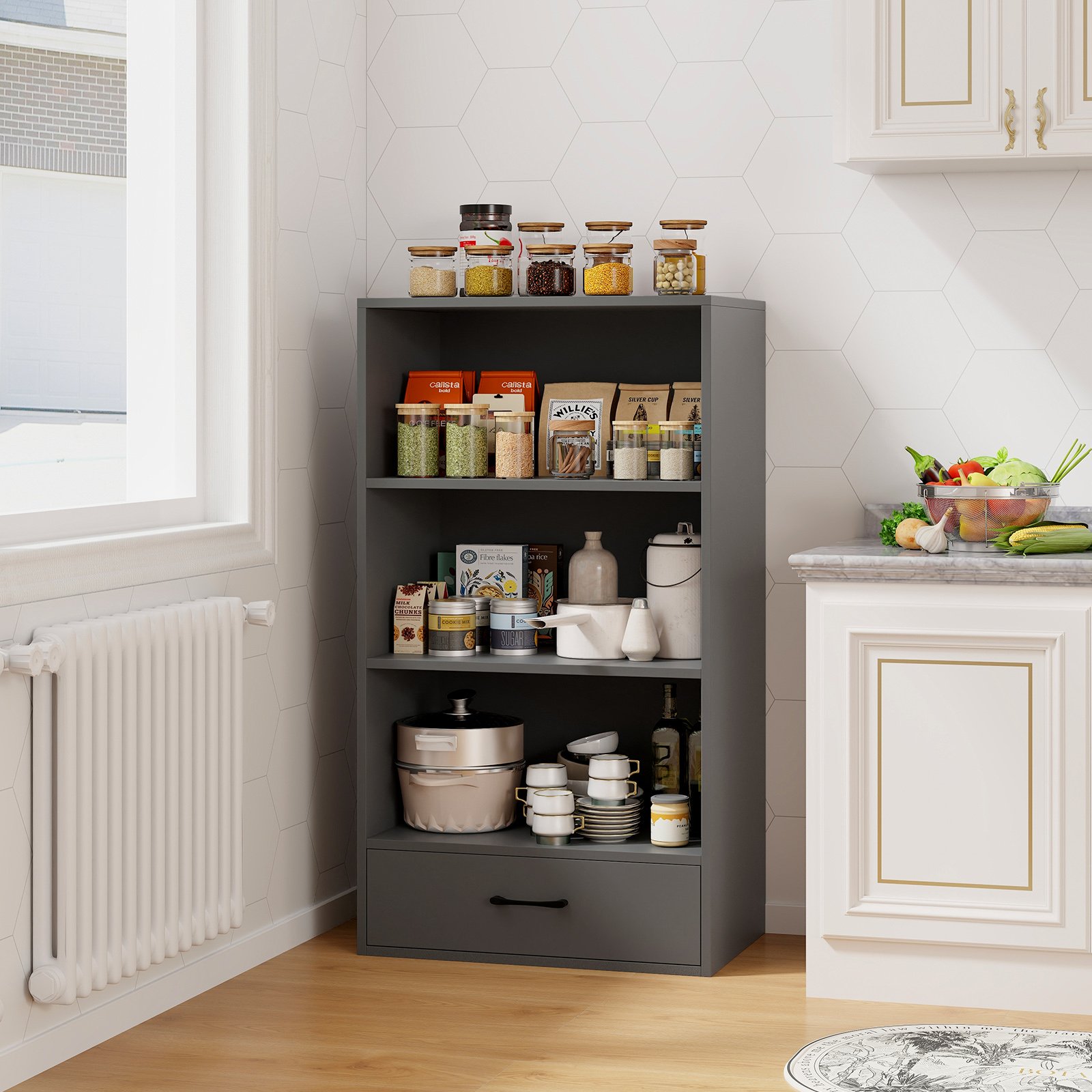 Estante de madeira com 4 níveis e 4 gavetas, 48 ​​polegadas de altura, branca - Image 2