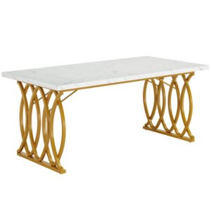 Tribesigns mesa de jantar moderna de 160 cm para 4 a 6 pessoas, mármore falso branco e dourado