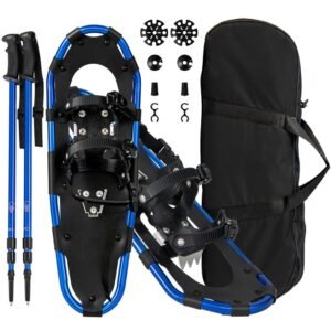 Conjunto de raquetes de neve multiuso de 63 cm, raquetes de neve ergonômicas com sistema de fixação, estrutura de alumínio, bastões de caminhada, azul