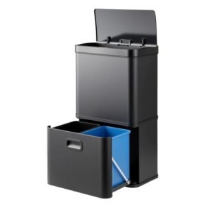 Lixeira de aço inoxidável 56L, reciclagem sem contato, prata