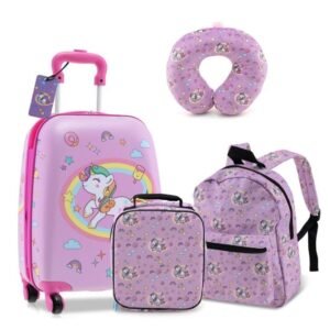Conjunto de bagagem infantil de 5 peças com mochila, almofada de pescoço, etiqueta de identificação e lancheira - rosa