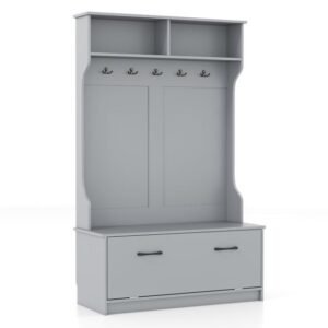 Cabideiro com banco de entrada e ganchos e armário fechado - branco