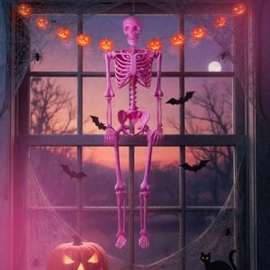 Esqueleto de Halloween articulado laranja em tamanho real de 5,2 pés com cabeça de abóbora e articulações móveis