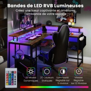Mesa de jogos em formato de L com iluminação LED e tomadas elétricas, mesa de computador com suporte para monitor, preta