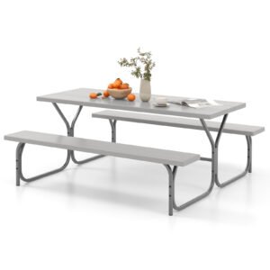 Conjunto de mesa de piquenique dobrável com estrutura de metal e tampo de HDPE para todas as condições climáticas, furo para guarda-chuva - cinza