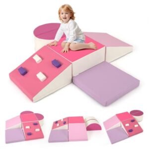 Barra de equilíbrio dobrável de 210 cm, barra de ginástica portátil de espuma com capa de camurça removível e fundo antiderrapante rosa