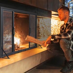 Protetor de lareira com portas de segurança deslizantes anti-faíscas com estrutura de suporte triangular em malha metálica 96x79 cm