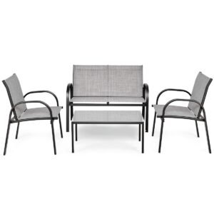 Conjunto de 4 móveis de jardim com mesa de centro de vidro - marrom