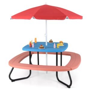 Mesa de piquenique infantil para 8 pessoas com guarda-chuva ajustável e dobrável - branca
