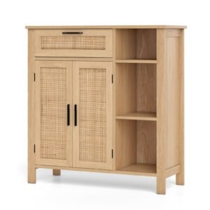 Aparador de vime com prateleira ajustável de 3 vias e armário decorativo estilo buffet boho de 2 portas, natural