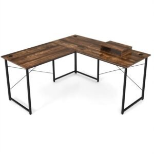 Mesa de computador reversível longa em formato de L para 2 pessoas de 95 polegadas com suporte para monitor - preta