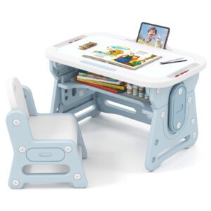Mesa de desenho infantil com altura ajustável, quadro inclinável, conjunto de mesa e cadeira para crianças de 3 anos ou mais, cinza