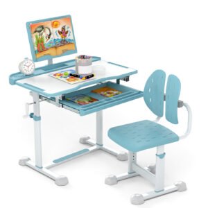 Conjunto de mesa de estudo e cadeira infantil com mesa inclinável e suporte para livros - cinza