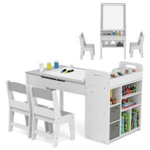 Conjunto de mesa de arte infantil e 2 cadeiras com rolo de papel e prateleiras de armazenamento - Natural