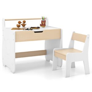 Conjunto de mesa e cadeiras infantis 4 em 1 com tampo reversível e estantes - cinza
