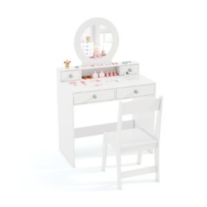 Conjunto de mesa de estudo e cadeira infantil com armário para cadeira e armário de armazenamento para crianças de 3 anos ou mais - Branco