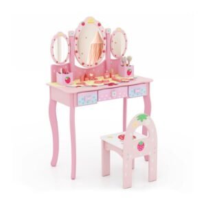 Conjunto de penteadeira e banqueta infantil, penteadeira de maquiagem de princesa - rosa